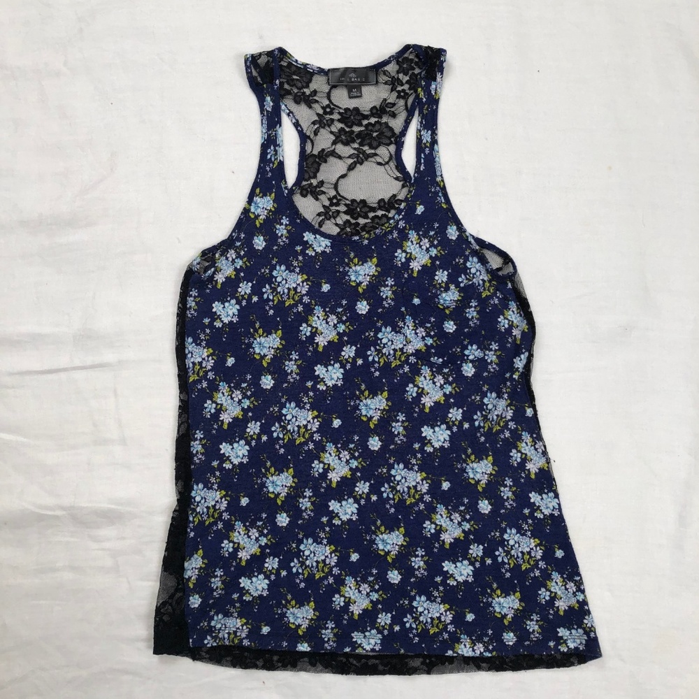 Navy blue floral tank top with black lace back